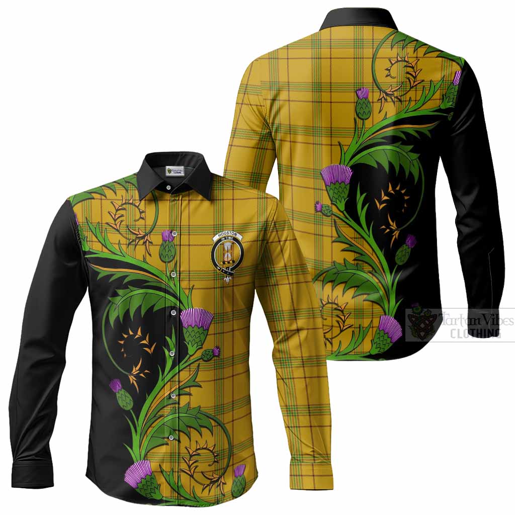 Houston Tartan Crest Long Sleeve Button Shirts Scottish Thistle Pride Heritage Art