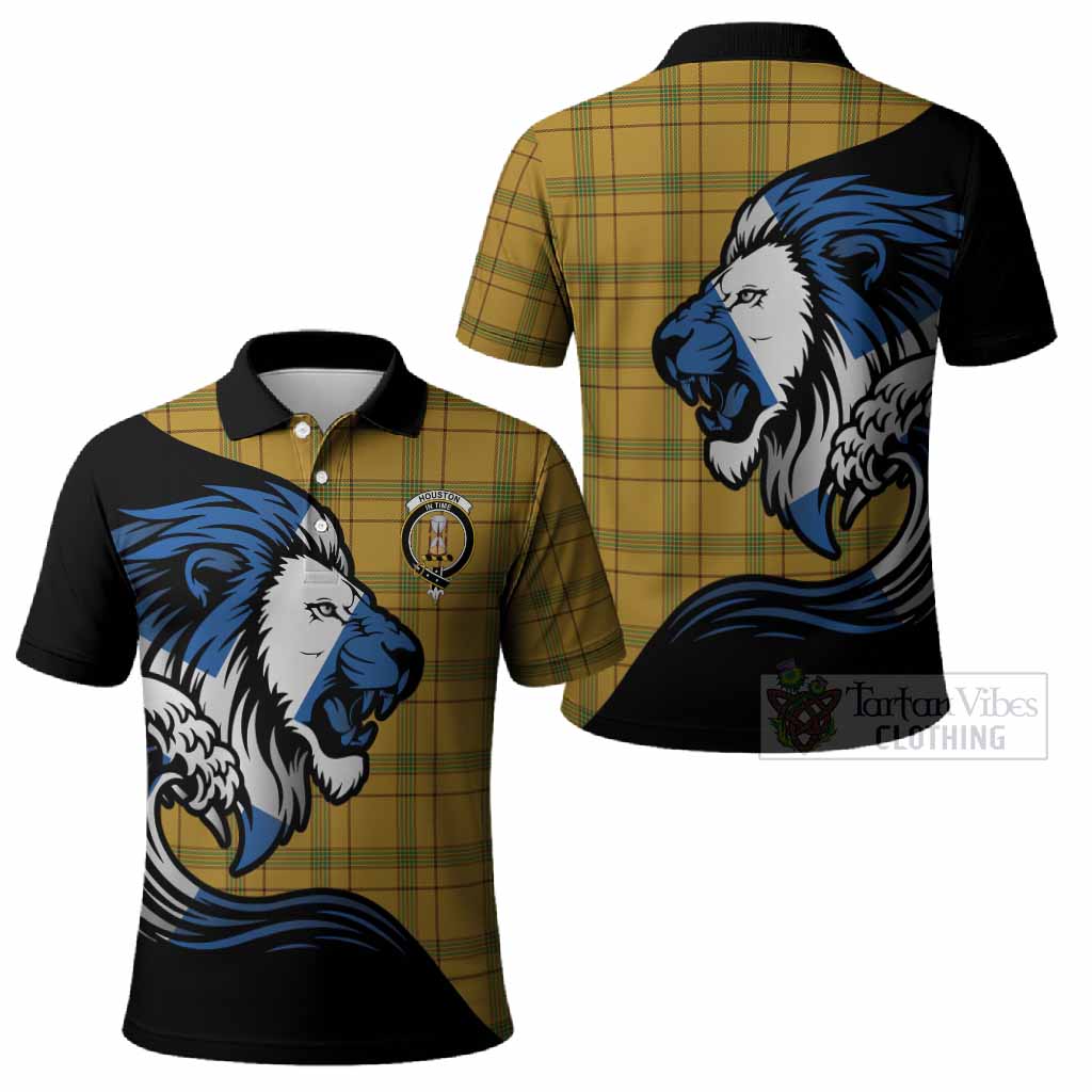 Houston Tartan Crest Polo Shirt Scottish Golden Lions Wave Flow