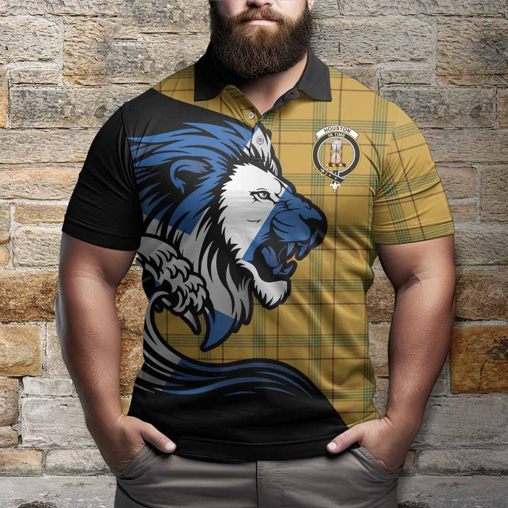 Houston Tartan Crest Polo Shirt Scottish Golden Lions Wave Flow