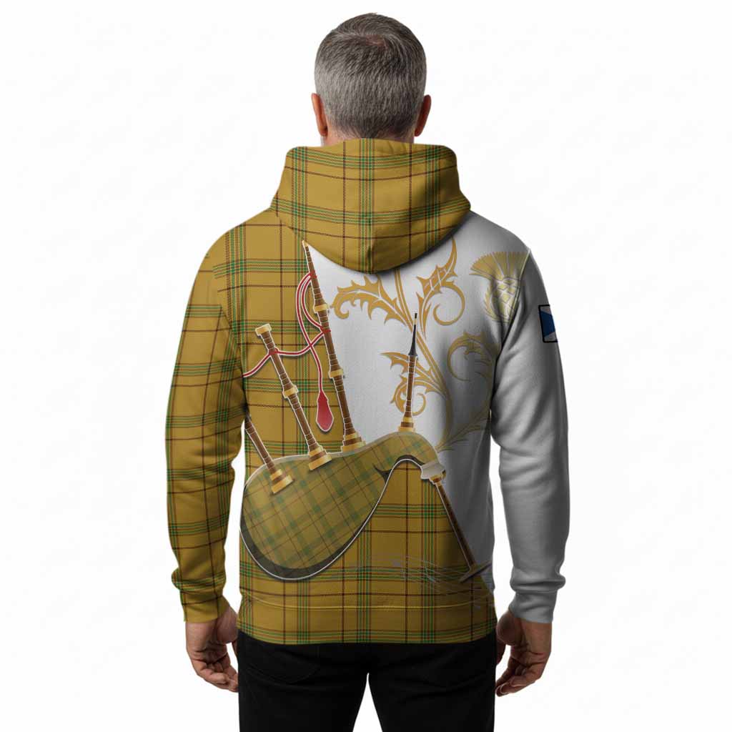 Houston Tartan Family Crest Hoodie Bagpipes with Scottish Thistle