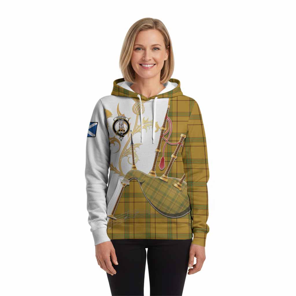 Houston Tartan Family Crest Hoodie Bagpipes with Scottish Thistle