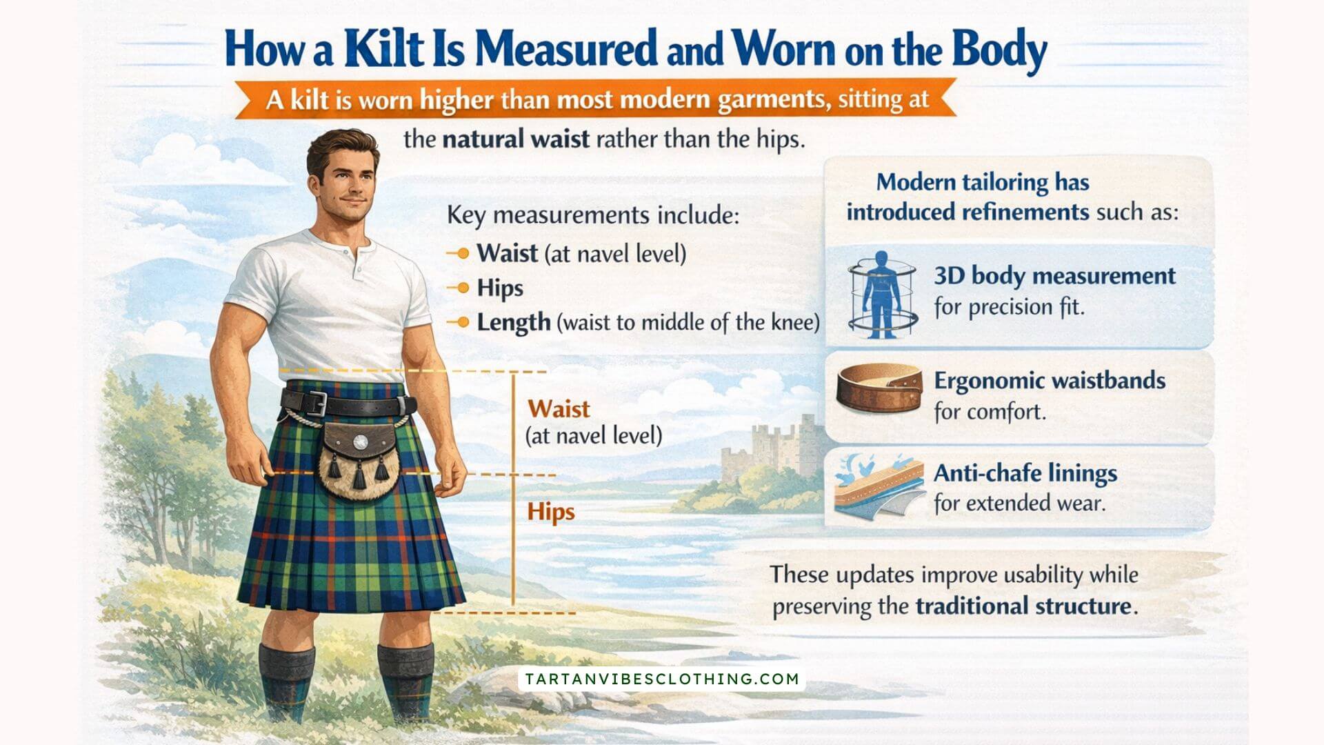 How a kilt is measured and worn infographic showing waist, hips, and length for proper fit