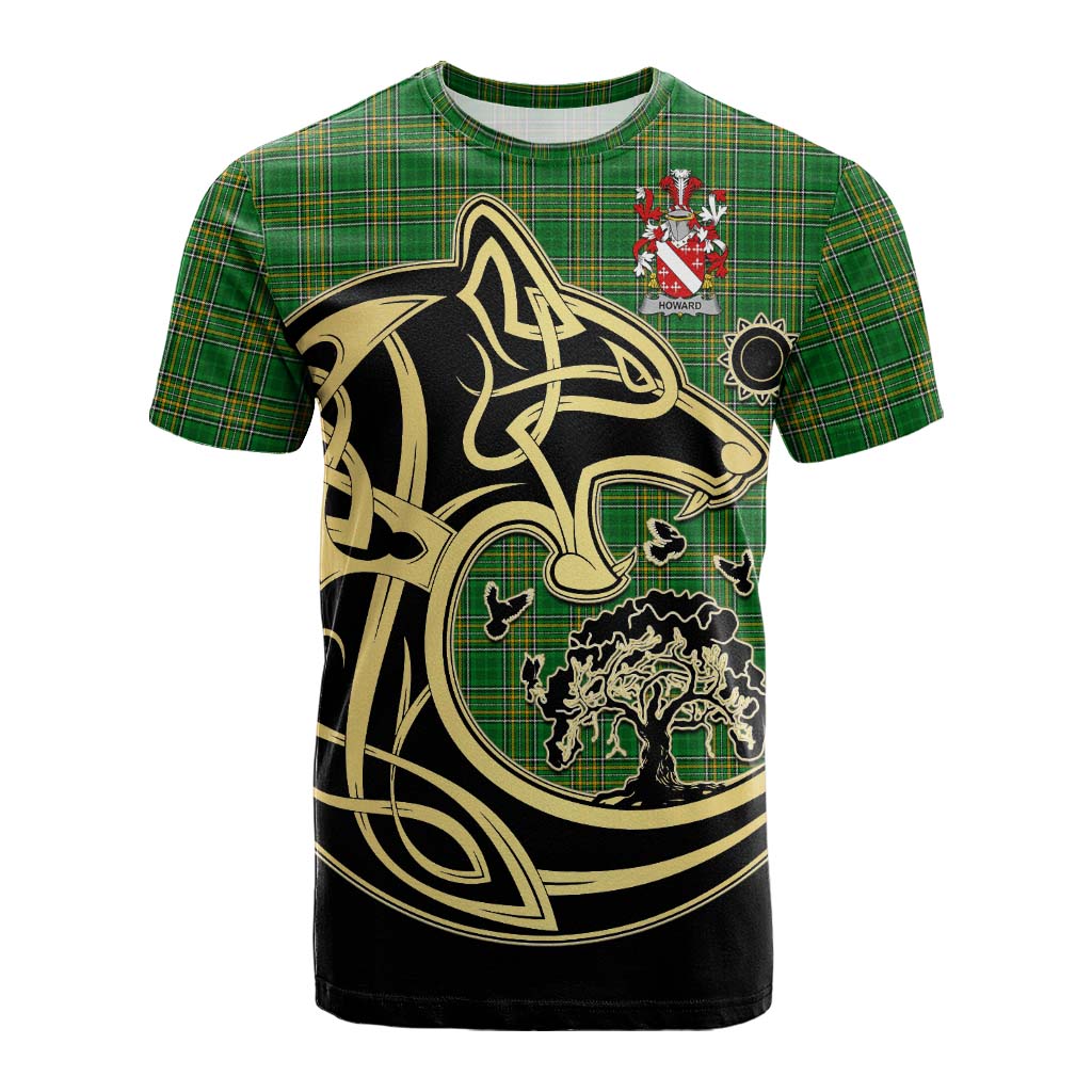 Tartan Vibes Clothing Howard Irish Tartan Cotton T-shirt with Coat of Arms Celtic Wolf Style