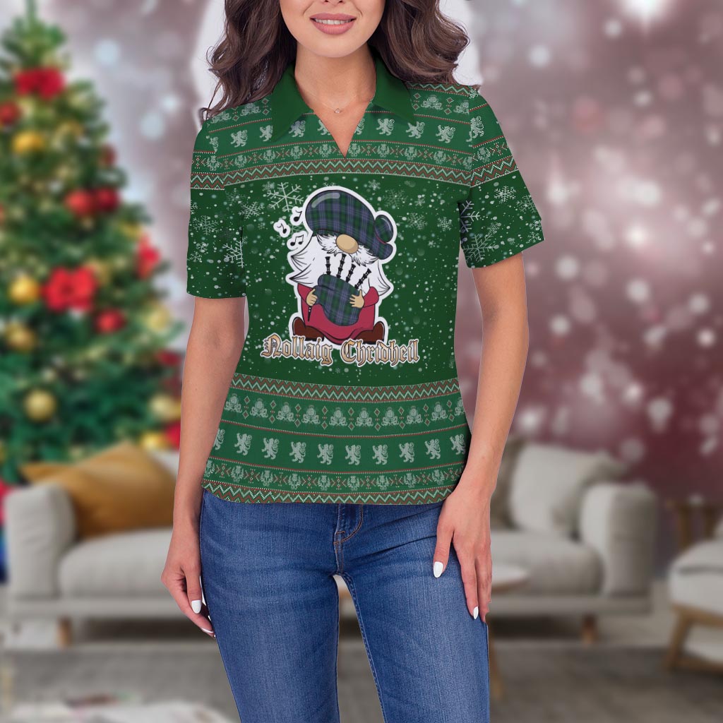Hughes Clan Christmas Family Polo Shirt with Funny Gnome Playing Bagpipes Women's Polo Shirt Green - Tartanvibesclothing