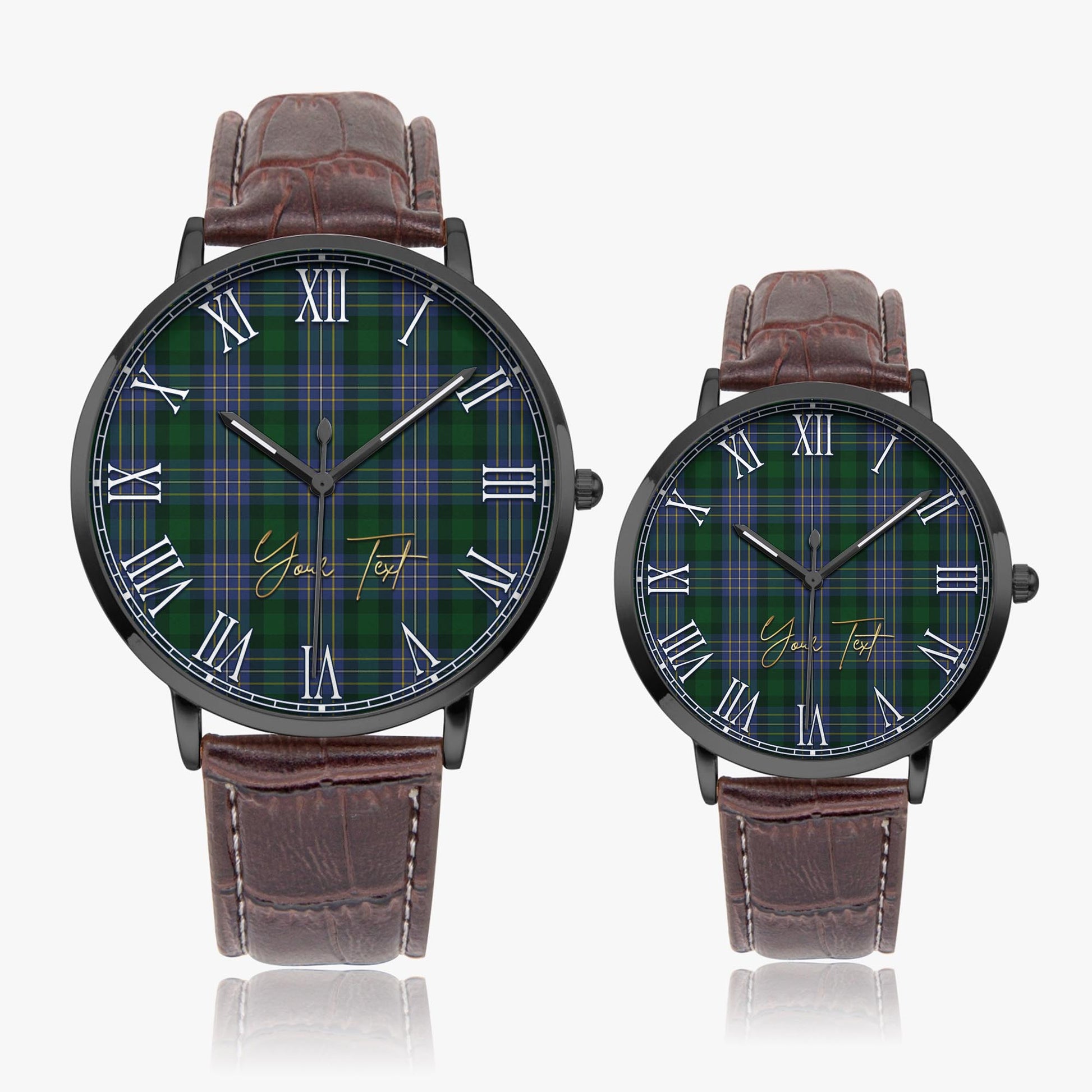 Hughes Tartan Personalized Your Text Leather Trap Quartz Watch Ultra Thin Black Case With Brown Leather Strap - Tartanvibesclothing