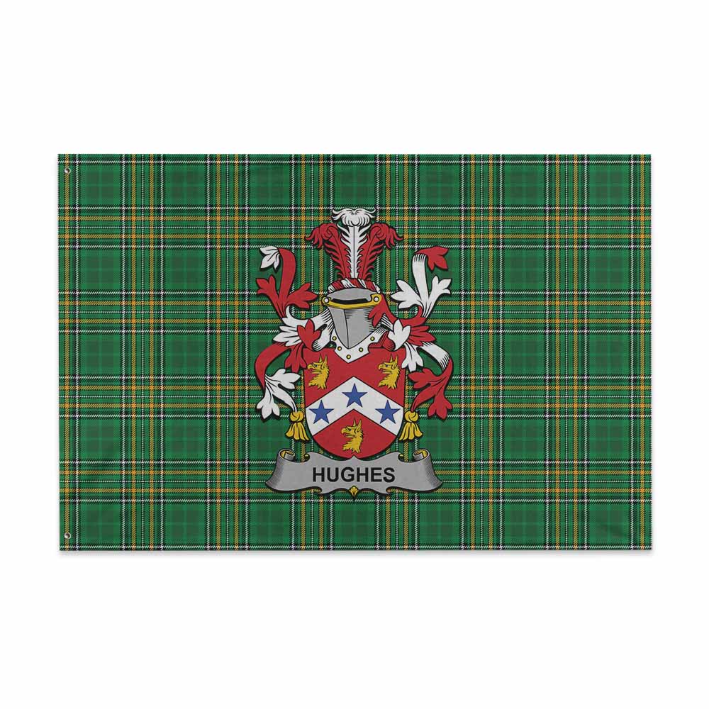 Tartan Vibes Clothing Hughes Irish Clan Tartan House Flag with Coat of Arms