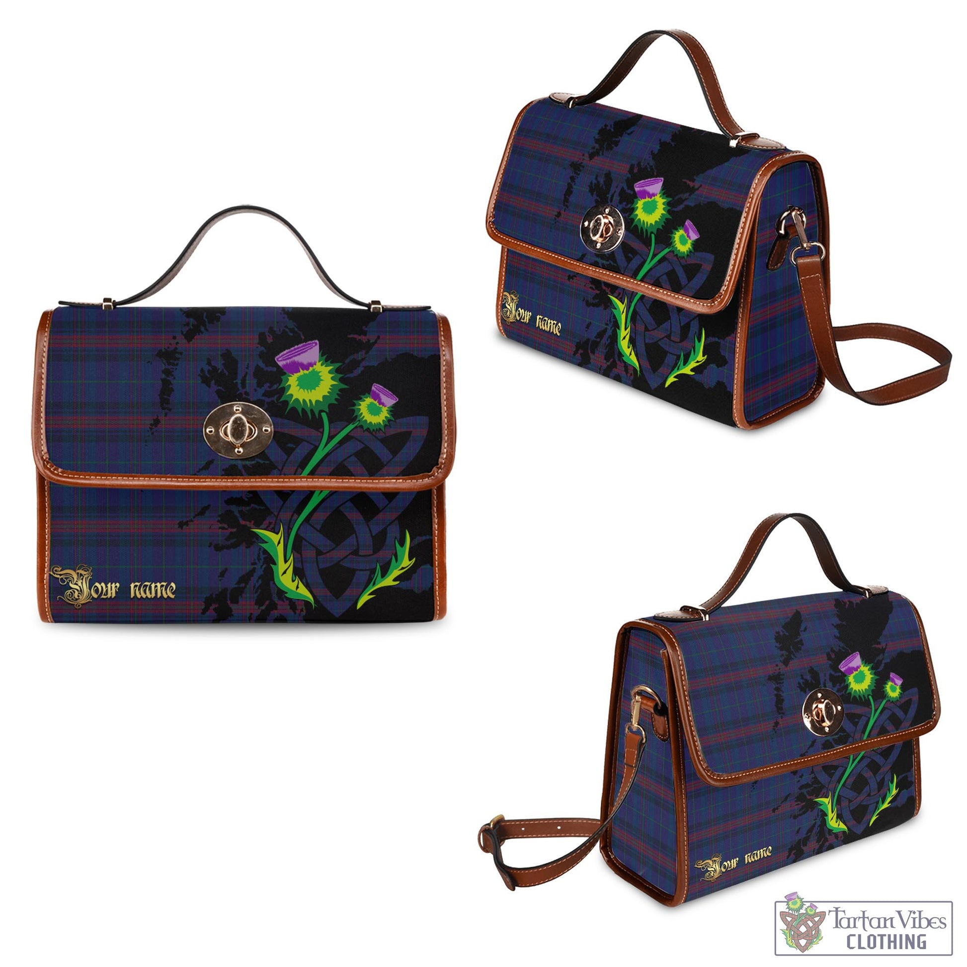 Tartan Vibes Clothing Hughes of Wales Tartan Waterproof Canvas Bag with Scotland Map and Thistle Celtic Accents