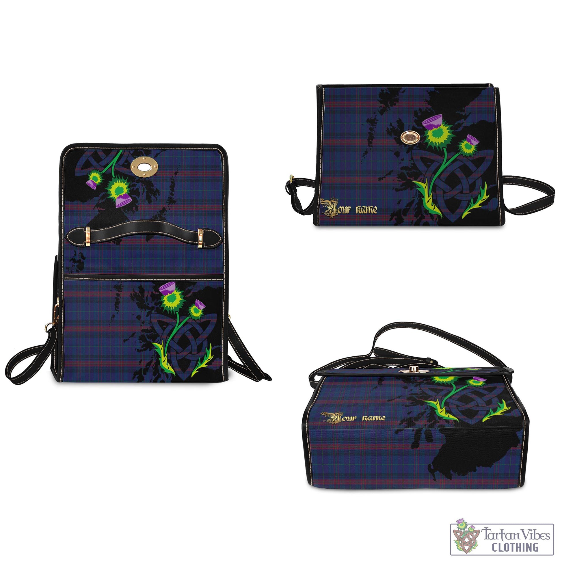 Tartan Vibes Clothing Hughes of Wales Tartan Waterproof Canvas Bag with Scotland Map and Thistle Celtic Accents