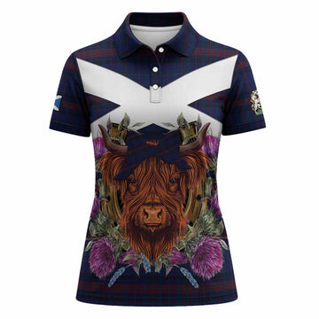 Hughes of Wales Tartan Women Polo Shirt Scottish Thistle Heilan Coo