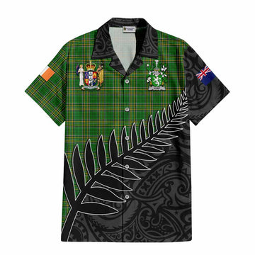 Tartan Vibes Clothing Hume Irish Clan Tartan Short Sleeve Button Shirt with Coat of Arms New Zealand Silver Fern Half Style