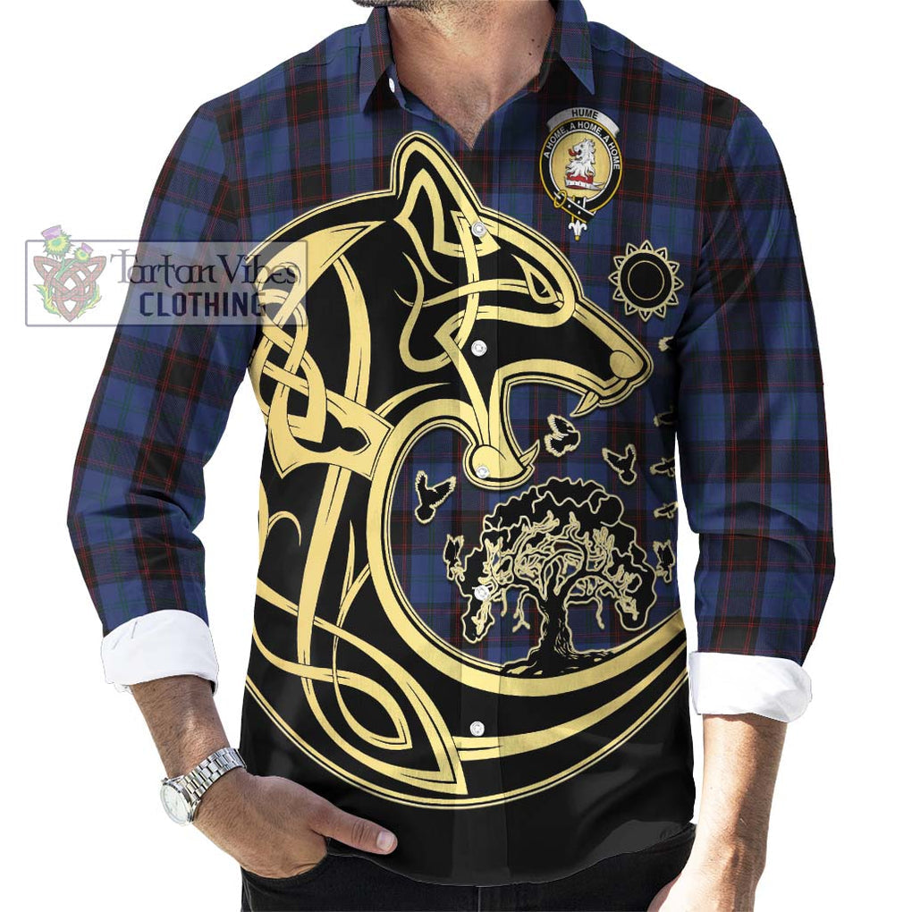 Hume Tartan Long Sleeve Button Shirt with Family Crest Celtic Wolf Style - Tartan Vibes Clothing