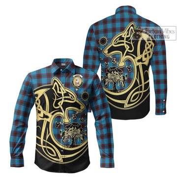 Hume Ancient Tartan Long Sleeve Button Shirt with Family Crest Celtic Wolf Style Men's Shirt S - Tartan Vibes Clothing