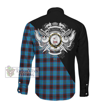 Hume Ancient Tartan Long Sleeve Button Shirt with Family Crest and Military Logo Style Men's Shirt - Tartanvibesclothing Shop