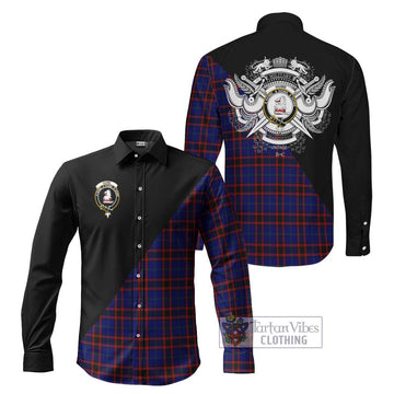 Hume Modern Tartan Long Sleeve Button Shirt with Family Crest and Military Logo Style Men's Shirt S - Tartanvibesclothing Shop
