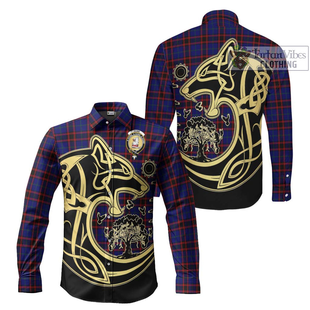 Hume Modern Tartan Long Sleeve Button Shirt with Family Crest Celtic Wolf Style Men's Shirt S - Tartan Vibes Clothing
