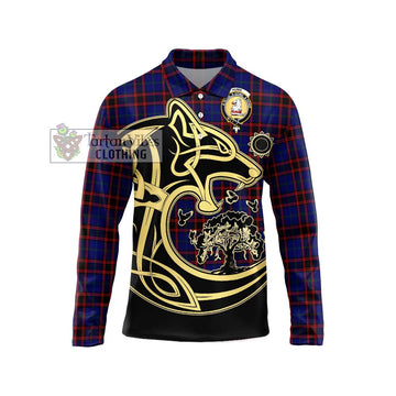 Hume Modern Tartan Long Sleeve Polo Shirt with Family Crest Celtic Wolf Style Unisex - Tartanvibesclothing Shop