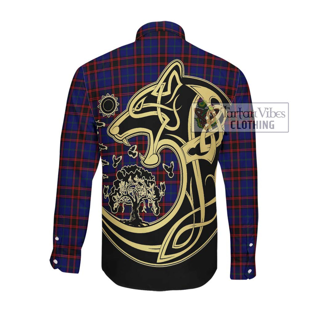 Hume Modern Tartan Long Sleeve Button Shirt with Family Crest Celtic Wolf Style Men's Shirt - Tartan Vibes Clothing