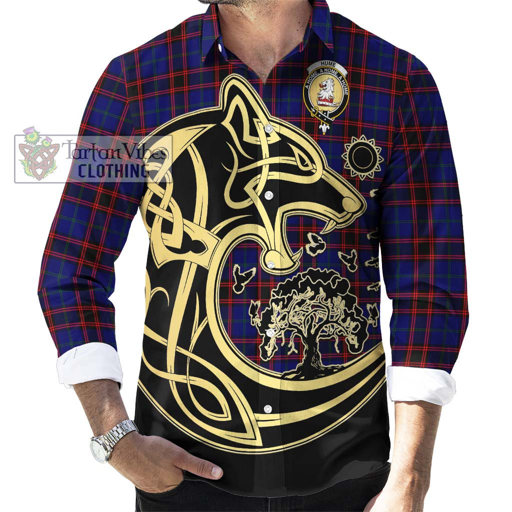 Hume Modern Tartan Long Sleeve Button Shirt with Family Crest Celtic Wolf Style - Tartan Vibes Clothing