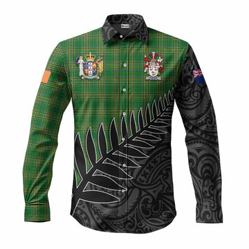 Tartan Vibes Clothing Hunter Irish Clan Tartan Long Sleeve Button Shirt with Coat of Arms New Zealand Silver Fern Half Style