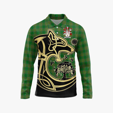 Tartan Vibes Clothing Hunter Irish Tartan Long Sleeve Polo Shirt with Coat of Arms Celtic Wolf Style