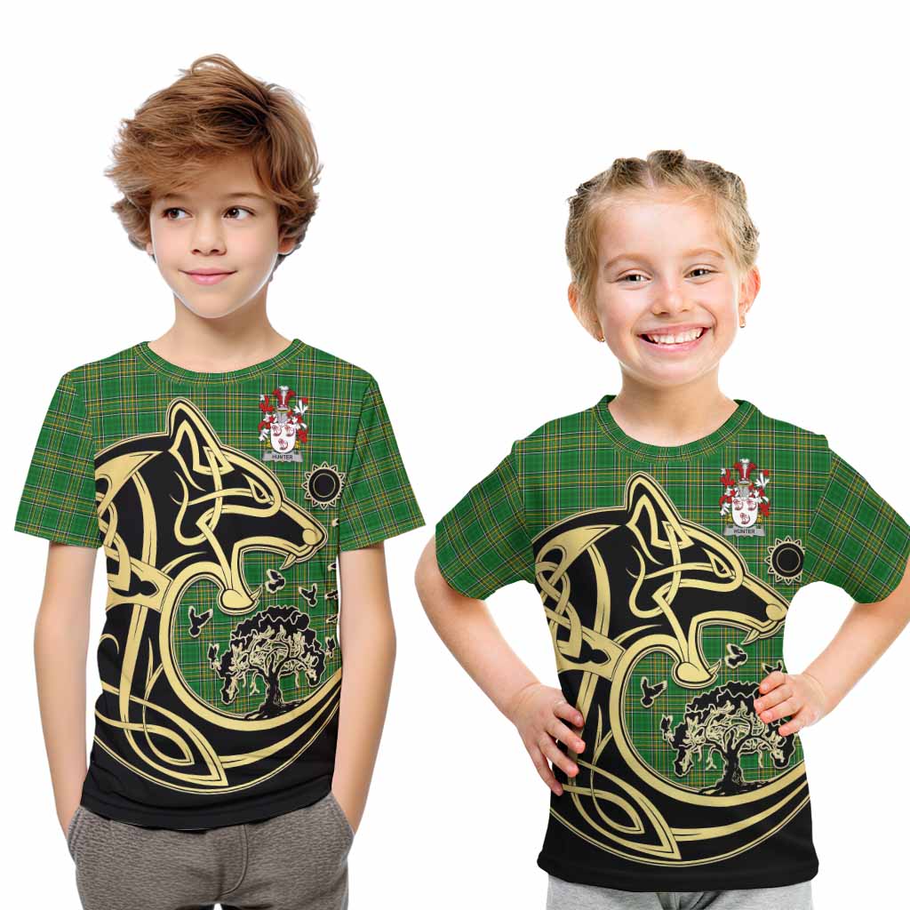 Hunter Irish Tartan Kid T-Shirt with Coat of Arms Celtic Wolf Style Youth XL Size14 - Tartan Vibes Clothing