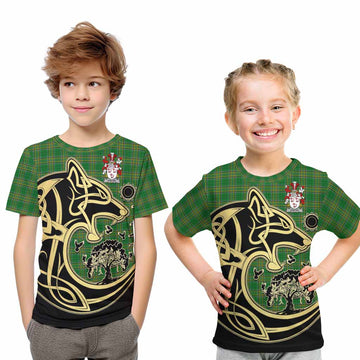 Tartan Vibes Clothing Hunter Irish Tartan Kid T-Shirt with Coat of Arms Celtic Wolf Style