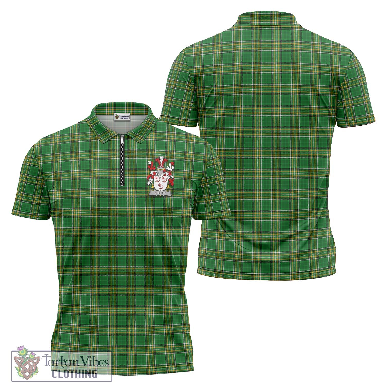 Tartan Vibes Clothing Hunter Ireland Clan Tartan Zipper Polo Shirt with Coat of Arms