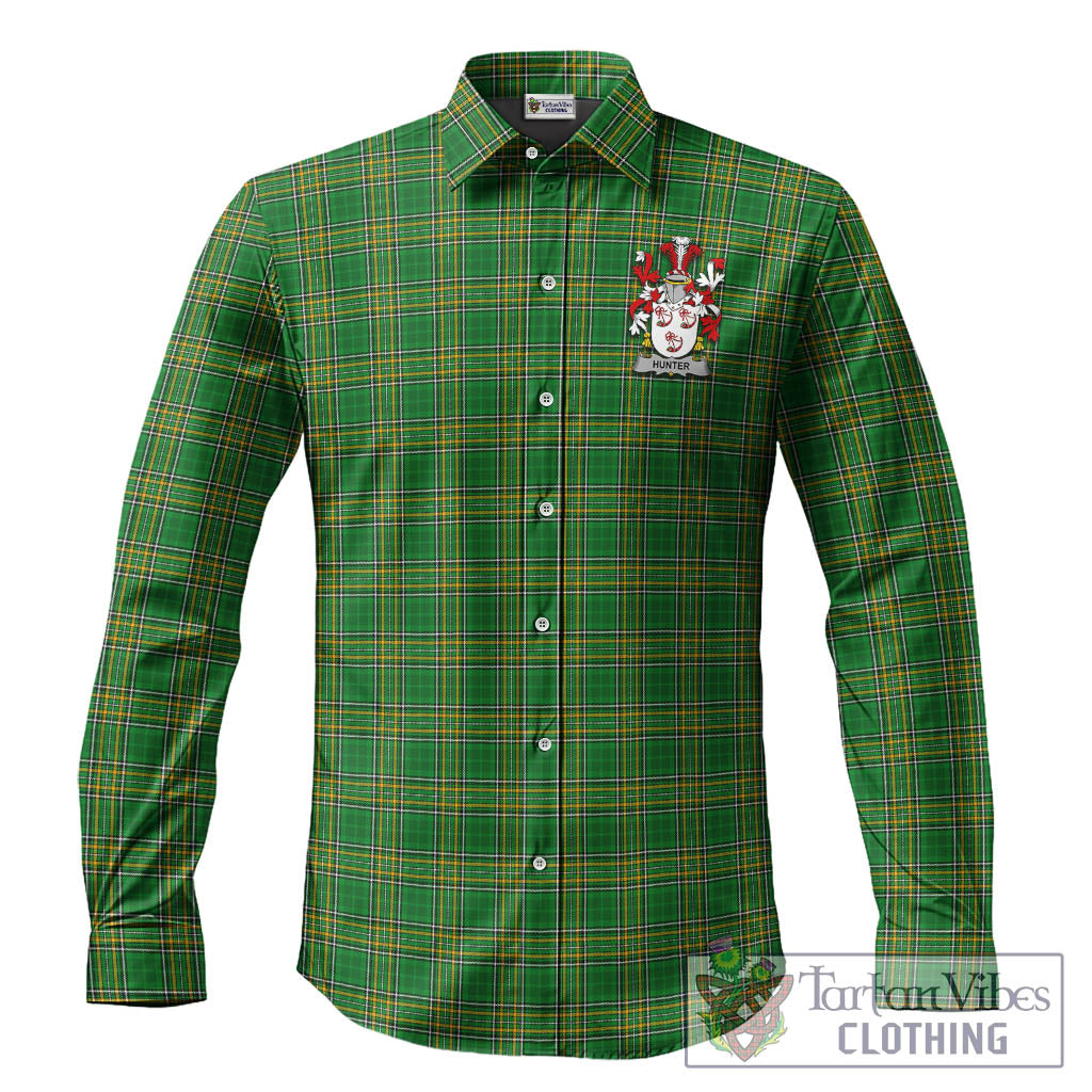 Tartan Vibes Clothing Hunter Ireland Clan Tartan Long Sleeve Button Up with Coat of Arms