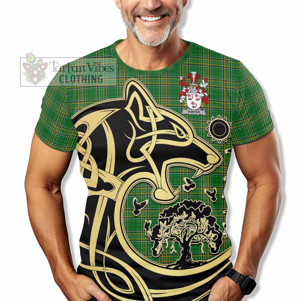 Tartan Vibes Clothing Hunter Irish Tartan T-Shirt with Coat of Arms Celtic Wolf Style