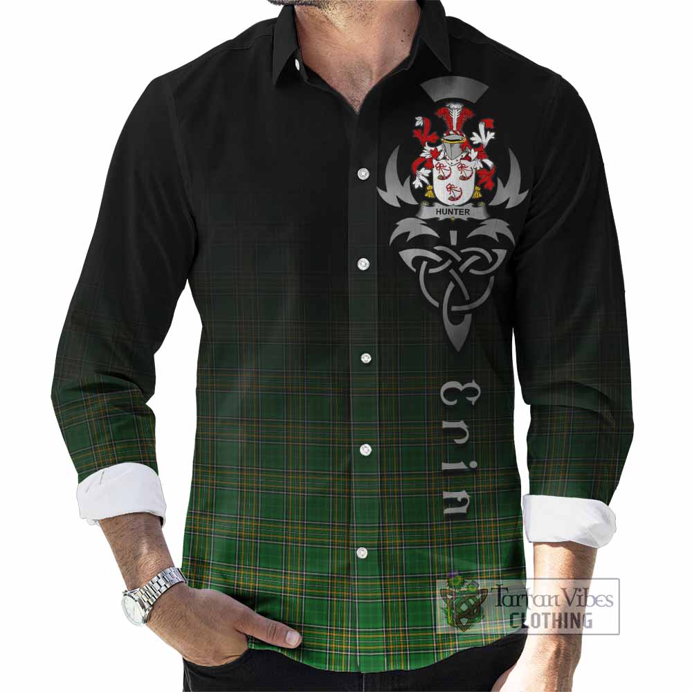 Hunter Irish Clan Long Sleeve Button Shirt with Coat of Arms Erin Go Bragh Celtic Inspired - Tartan Vibes Clothing