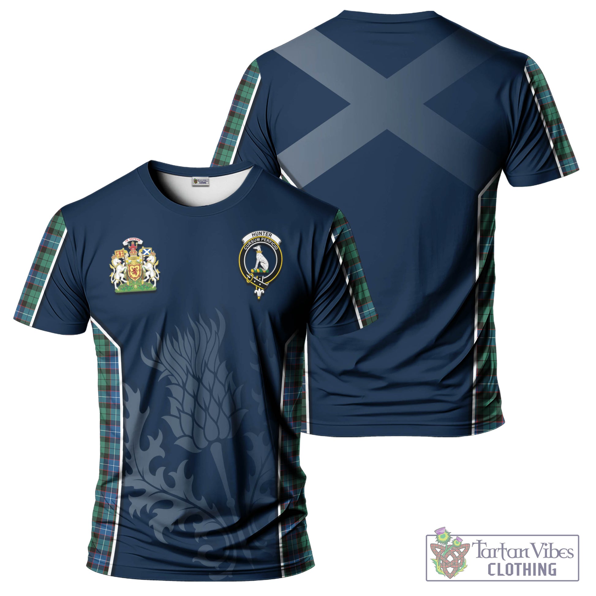 Tartan Vibes Clothing Hunter Ancient Tartan T-Shirt with Family Crest and Scottish Thistle Vibes Sport Style