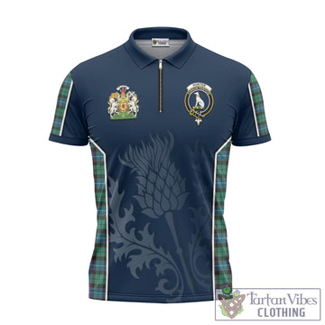 Hunter Ancient Tartan Zipper Polo Shirt with Family Crest and Scottish Thistle Vibes Sport Style