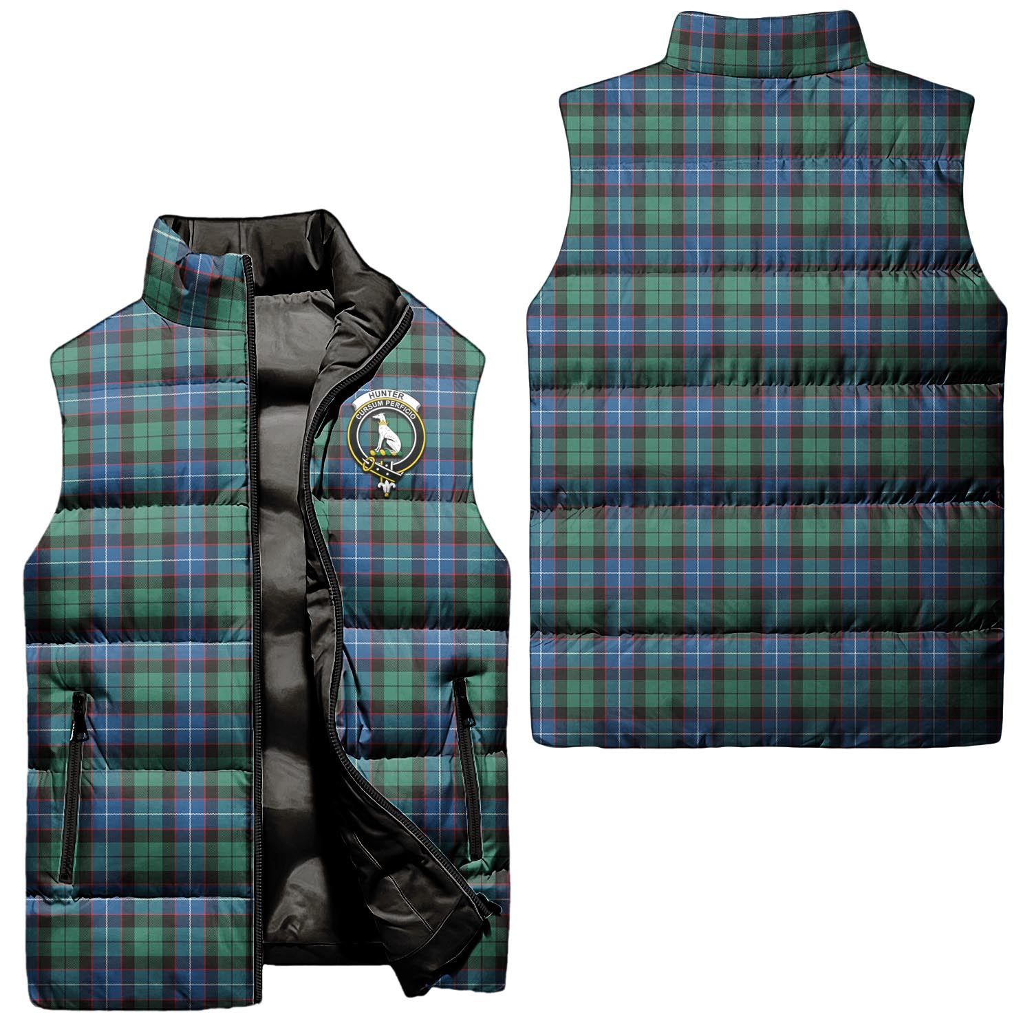 Hunter Ancient Tartan Sleeveless Puffer Jacket with Family Crest Unisex - Tartanvibesclothing