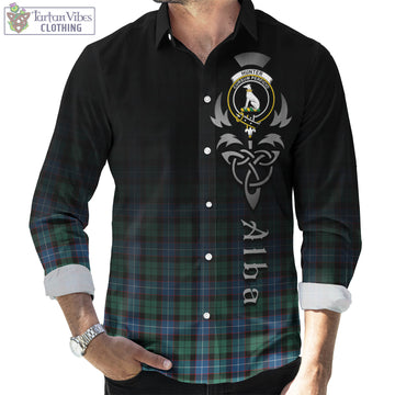 Hunter Ancient Tartan Long Sleeve Button Up Featuring Alba Gu Brath Family Crest Celtic Inspired