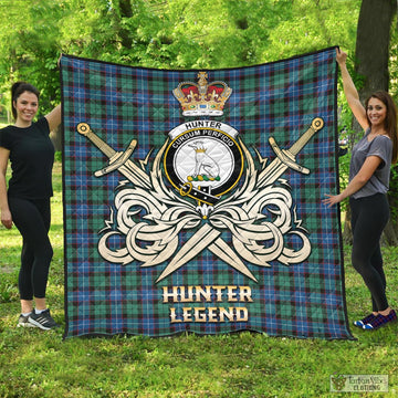 Hunter Ancient Tartan Quilt with Clan Crest and the Golden Sword of Courageous Legacy
