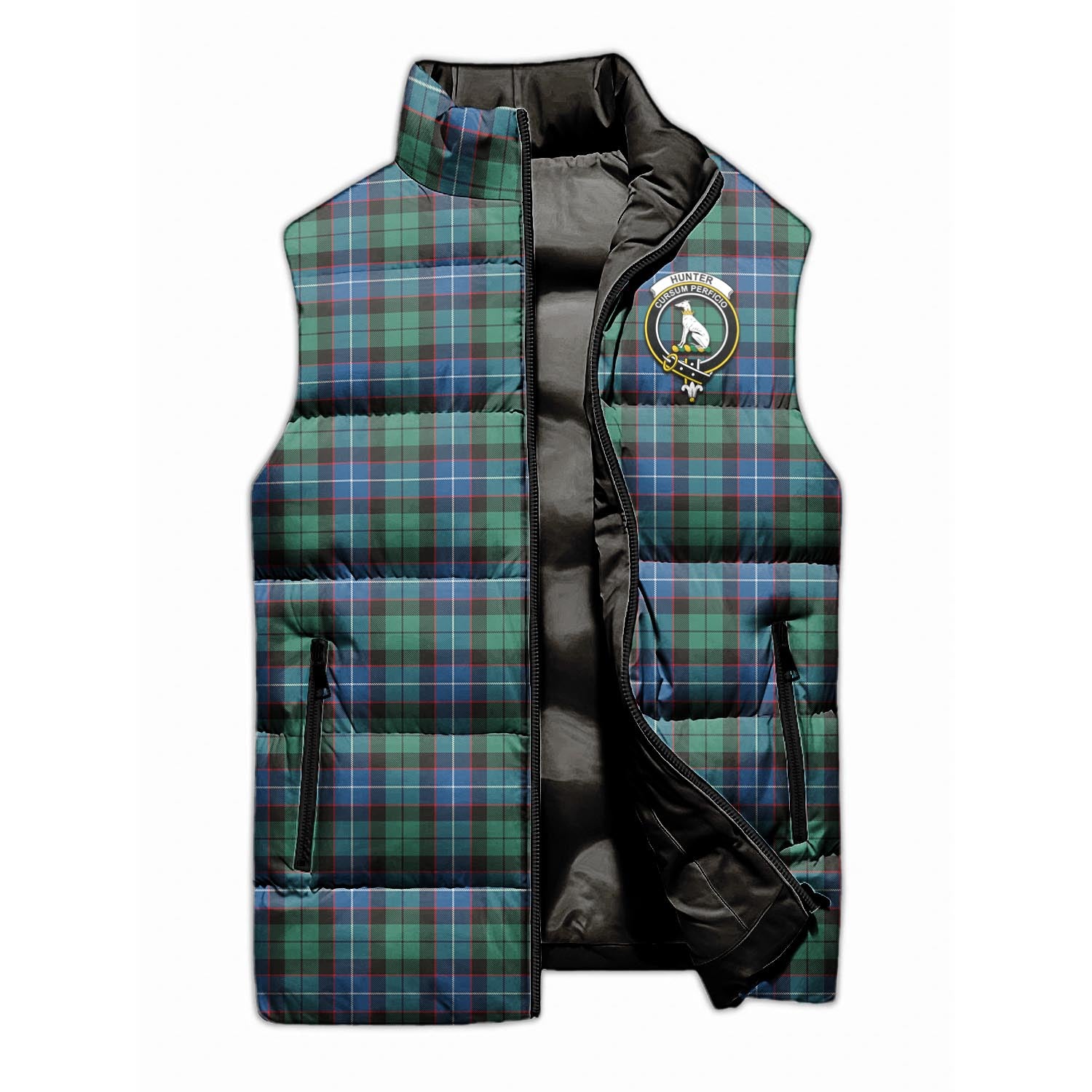 Hunter Ancient Tartan Sleeveless Puffer Jacket with Family Crest - Tartanvibesclothing