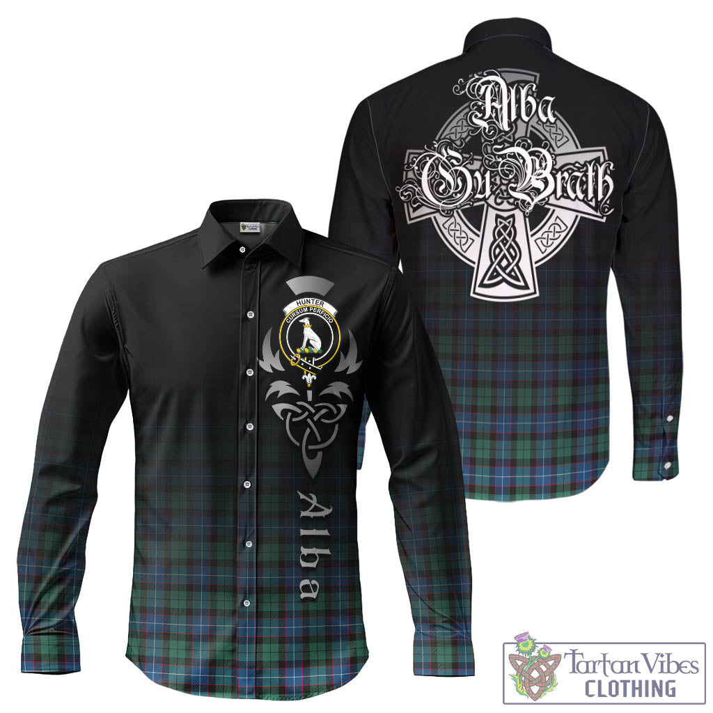 Tartan Vibes Clothing Hunter Ancient Tartan Long Sleeve Button Up Featuring Alba Gu Brath Family Crest Celtic Inspired