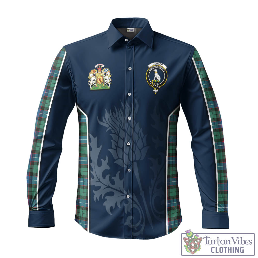 Tartan Vibes Clothing Hunter Ancient Tartan Long Sleeve Button Up Shirt with Family Crest and Scottish Thistle Vibes Sport Style