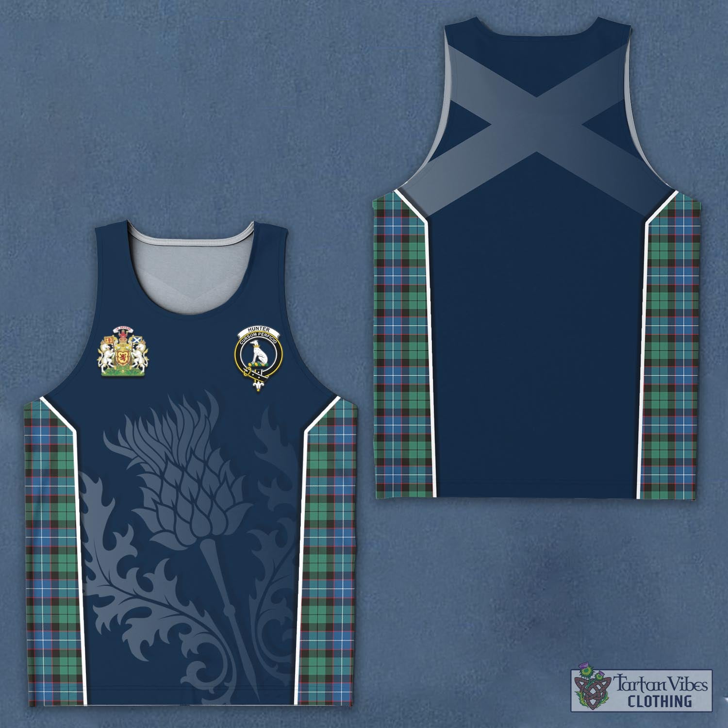 Tartan Vibes Clothing Hunter Ancient Tartan Men's Tanks Top with Family Crest and Scottish Thistle Vibes Sport Style