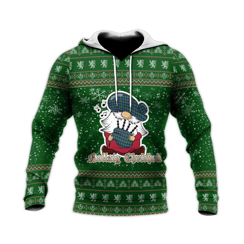 Hunter Ancient Clan Christmas Knitted Hoodie with Funny Gnome Playing Bagpipes - Tartanvibesclothing