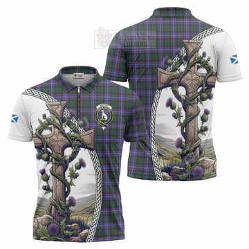 Tartan Vibes Clothing Hunter (Hunterston) Tartan Zipper Polo Shirt with Family Crest and St. Andrew's Cross Accented by Thistle Vines