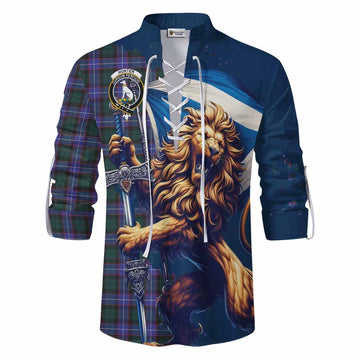 Hunter (Hunterston) Tartan Family Crest Ghillie Kilt Shirt with Scottish Majestic Lion