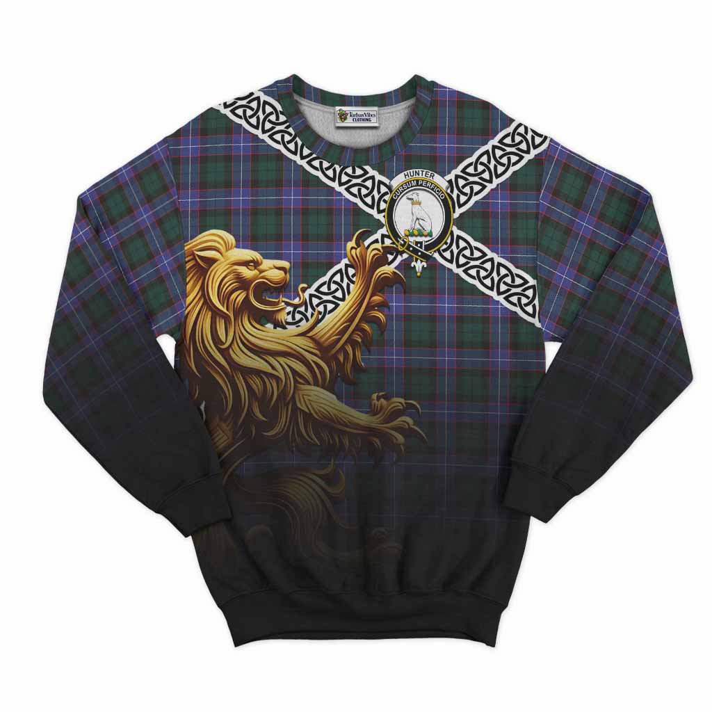 Tartan Vibes Clothing Hunter (Hunterston) Crest Tartan Sweatshirt with Golden Lion Emblem Celtic Style
