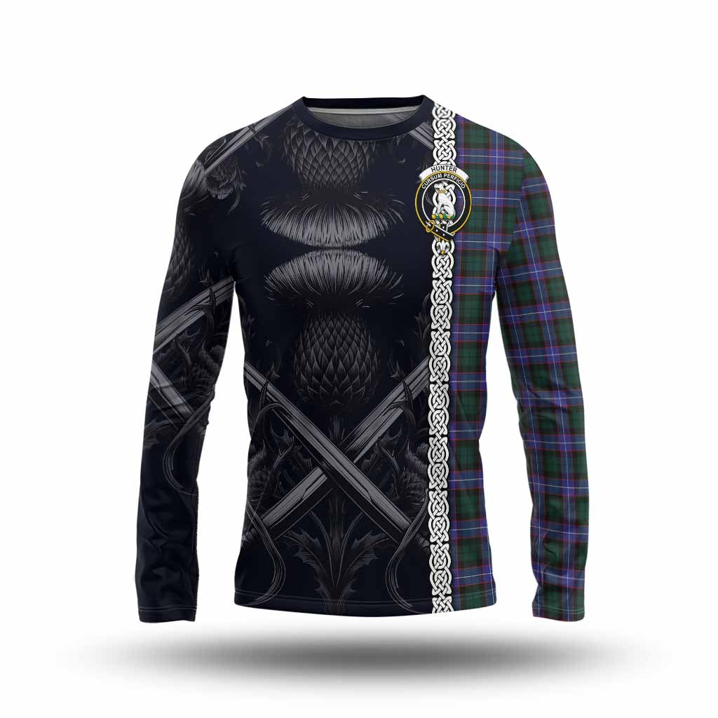 Tartan Vibes Clothing Hunter (Hunterston) Tartan Long Sleeve T-Shirt with Family Crest Cross Sword Thistle Celtic Vibes