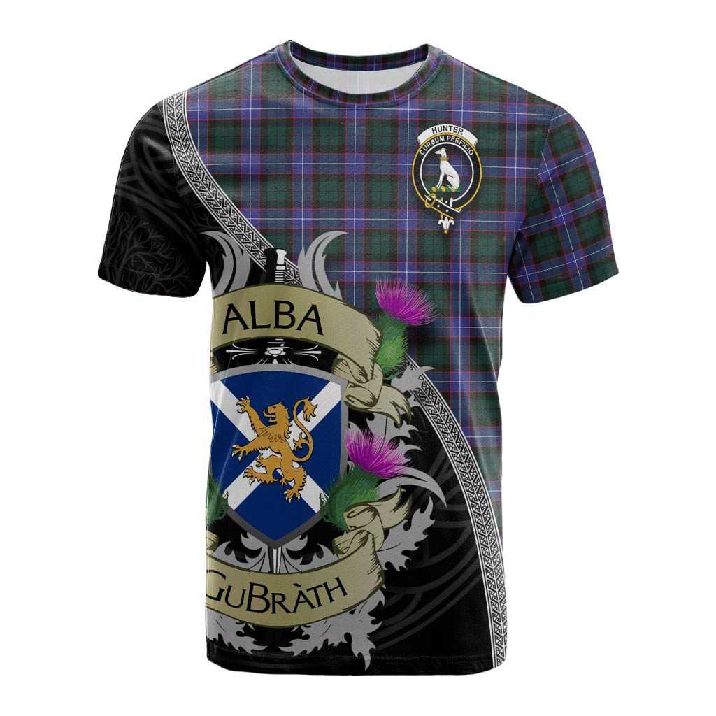 Tartan Vibes Clothing Hunter (Hunterston) Tartan Family Crest Cotton T-shirt Lion Rampant Royal Thistle Shield Celtic Inspired