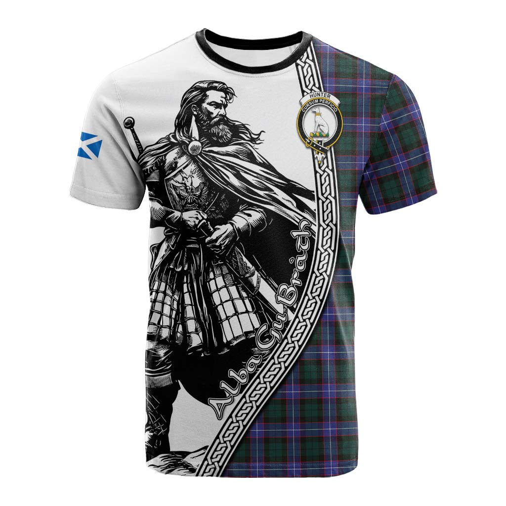 Hunter (Hunterston) Tartan Clan Crest Cotton T-shirt with Highlander Warrior Celtic Style