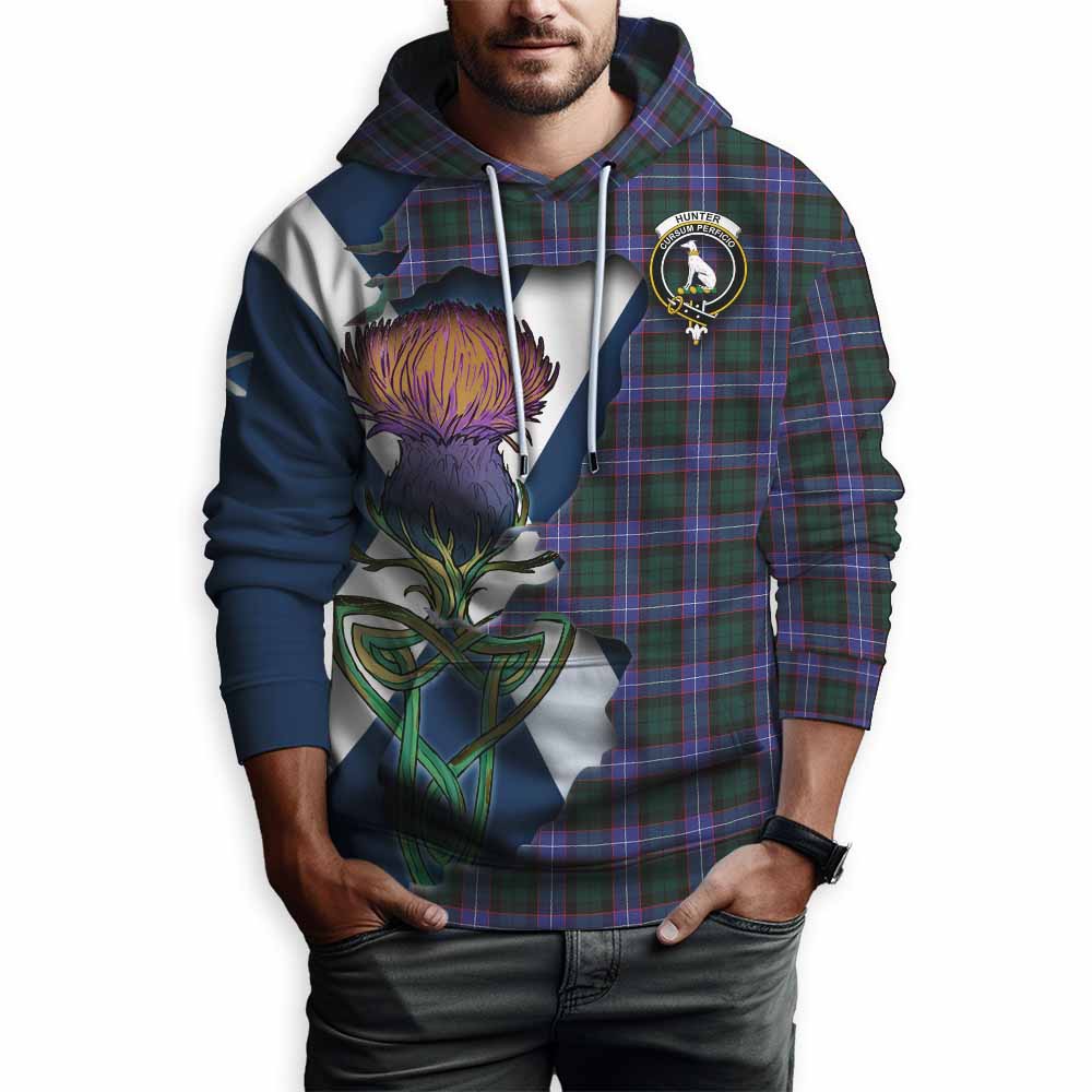 Tartan Vibes Clothing Hunter (Hunterston) Tartan Family Crest Hoodie Scottish Thistle Celtic Inspired