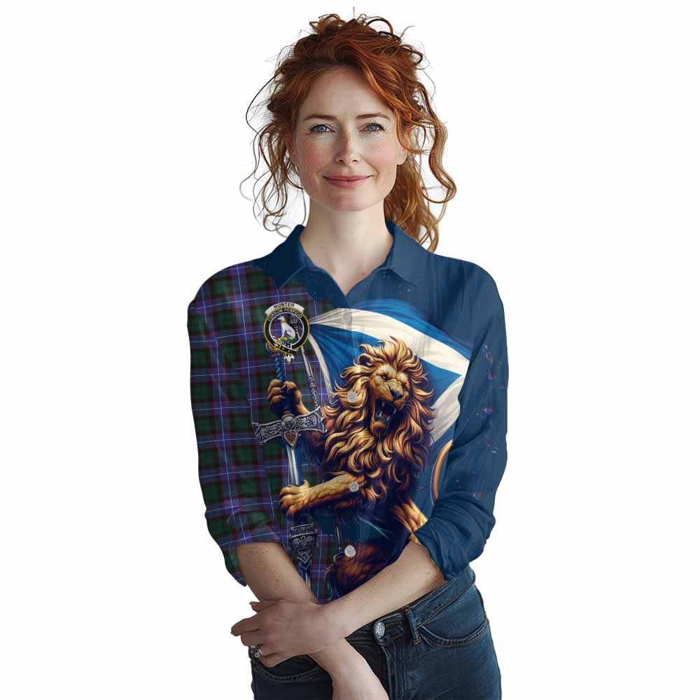 Tartan Vibes Clothing Hunter (Hunterston) Tartan Family Crest Women's Casual Shirt with Scottish Majestic Lion