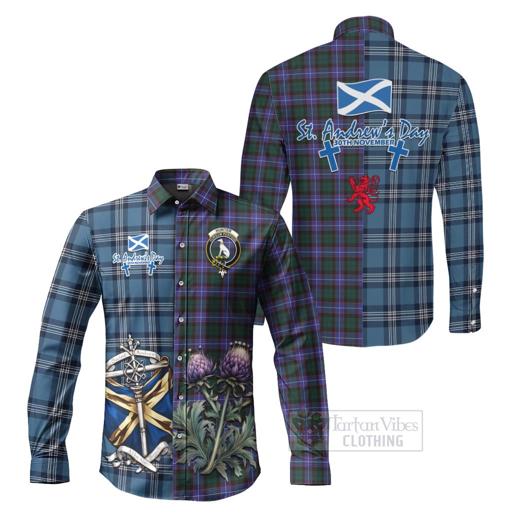 Tartan Vibes Clothing Hunter (Hunterston) Tartan Long Sleeve Button Shirt Happy St. Andrew's Day Half Tartan Style