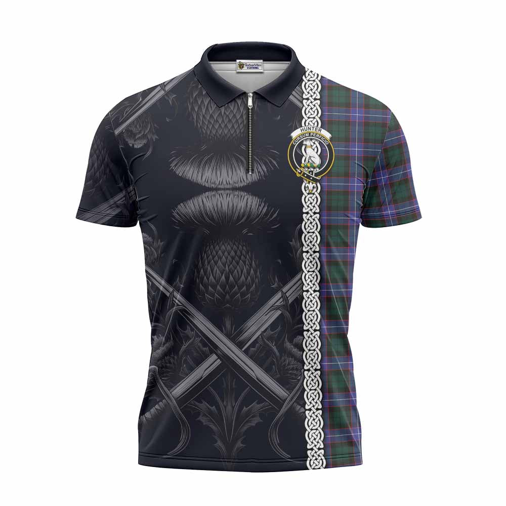 Tartan Vibes Clothing Hunter (Hunterston) Tartan Zipper Polo Shirt with Family Crest Cross Sword Thistle Celtic Vibes